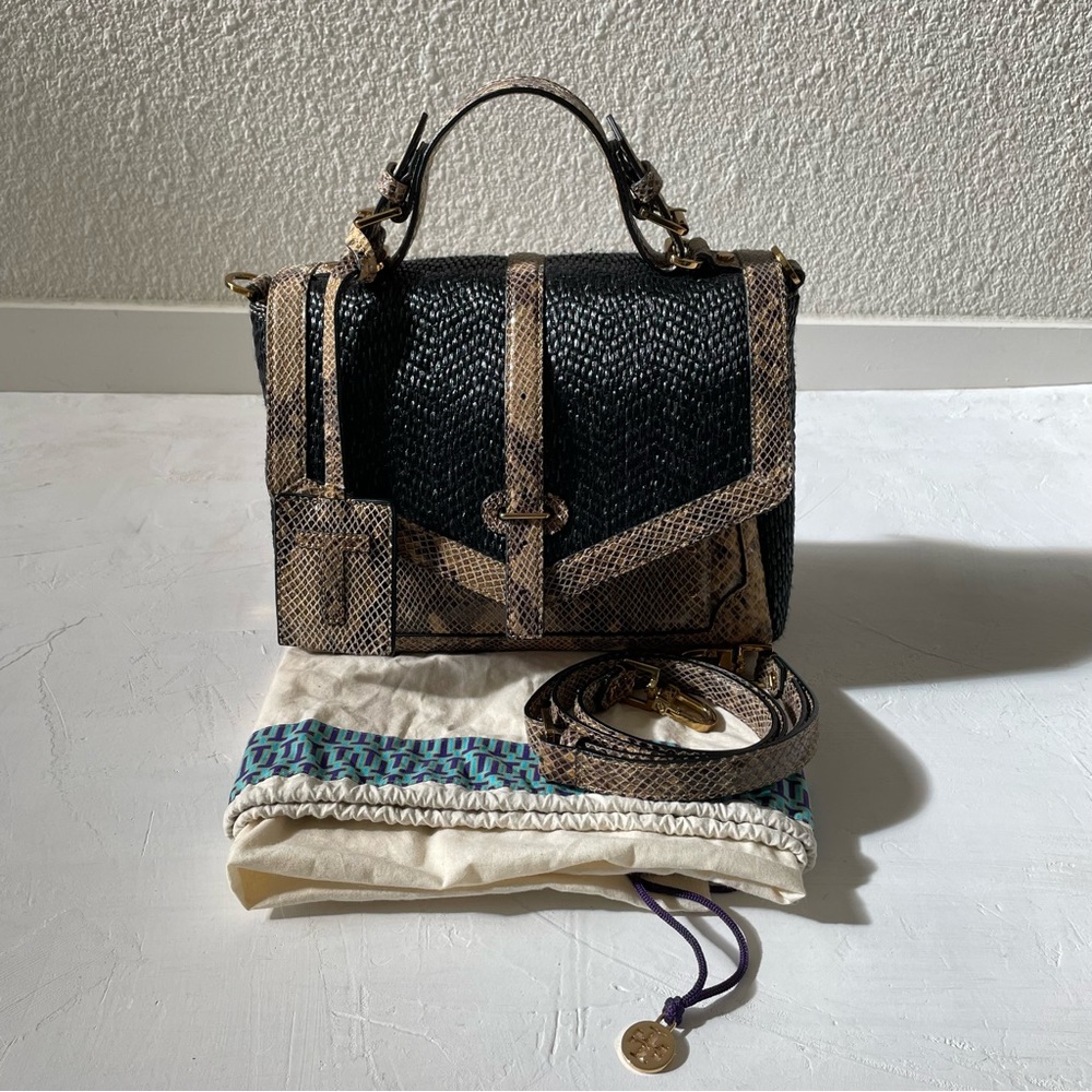 TORY BURCH Brown Black Raffia Snakeskin Print Bag Satchel $575